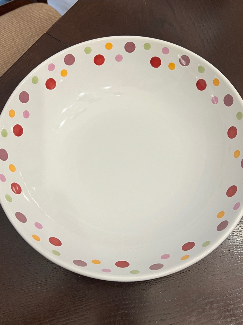 White pampered chef  Ceramic Serving Bowl with Multicolor Polka Dot Rim